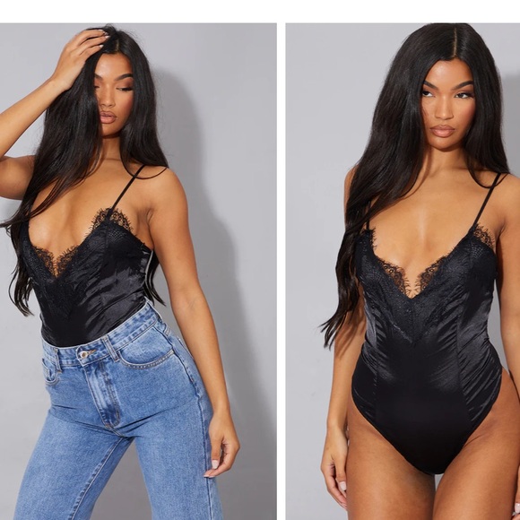PrettyLittleThing Tops - NWT Black Eyelash Lace Trim Thong Bodysuit